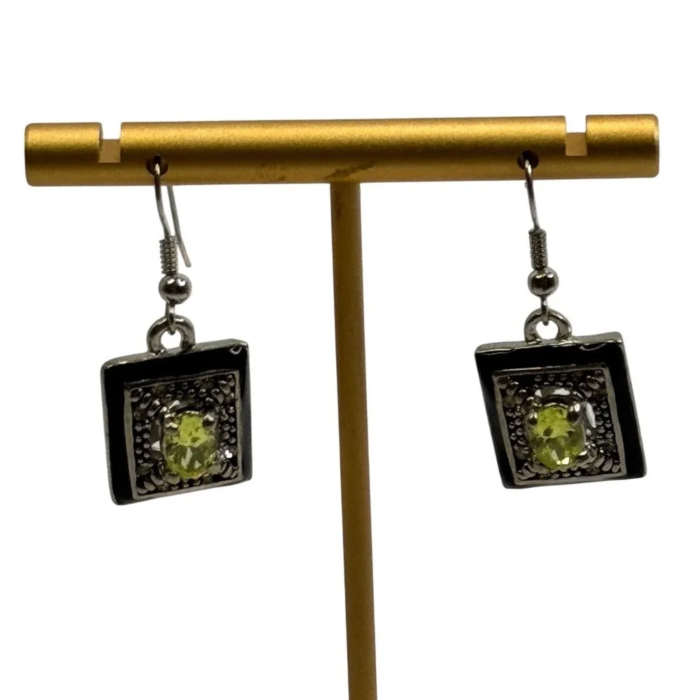 Vintage Square Black Enamel Peridot Green Silver Tone Drop Earrings Y2K 90s Goth